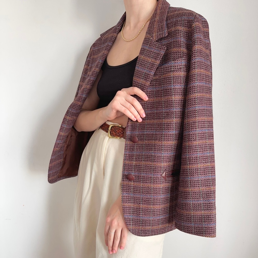 Vintage Wool Plaid Blazer in Brown Purple Blue Sz M